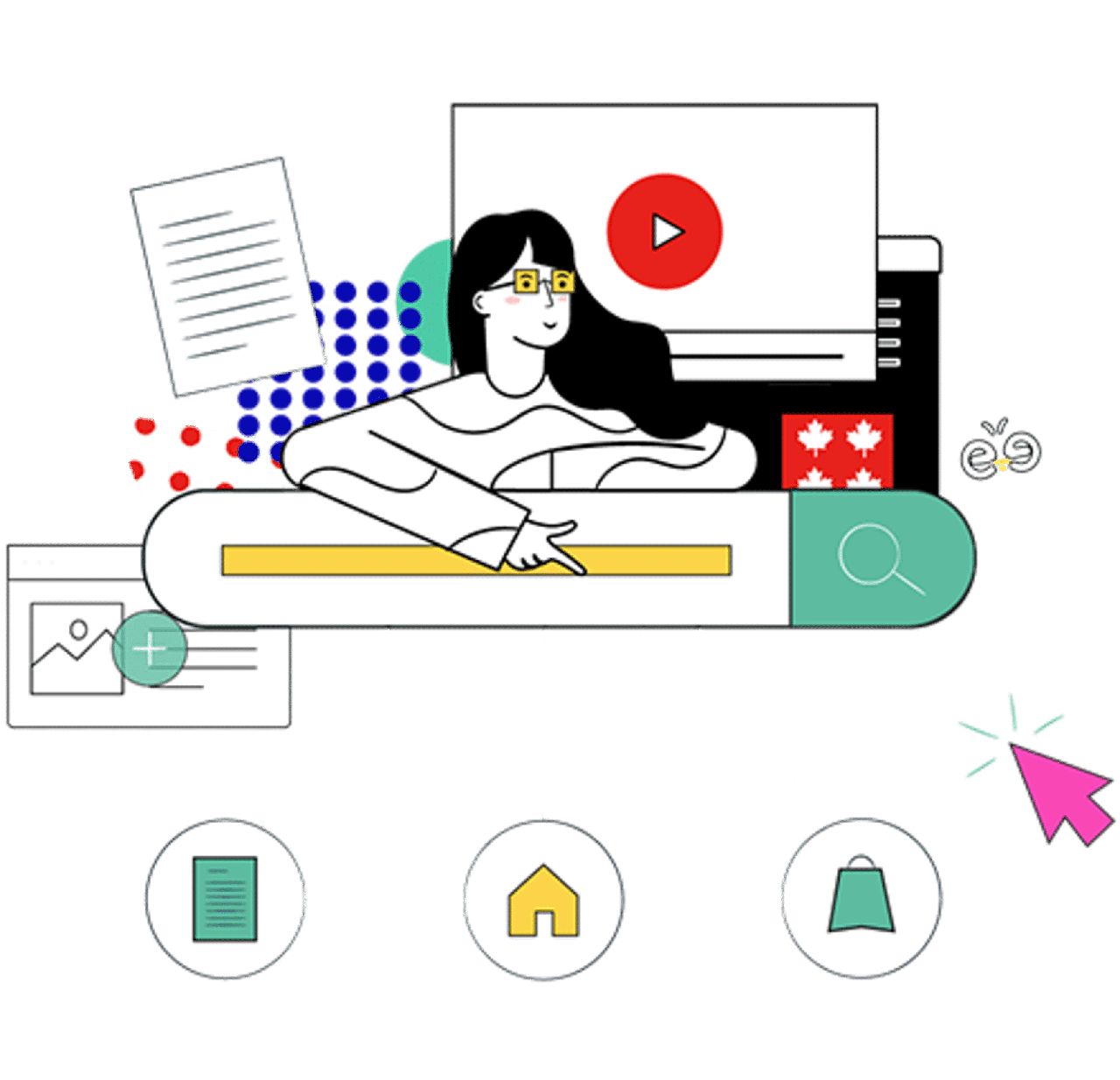 illustration moteur de recherche : une femme est derrière une barre de saisie de texte pour faire une recherche