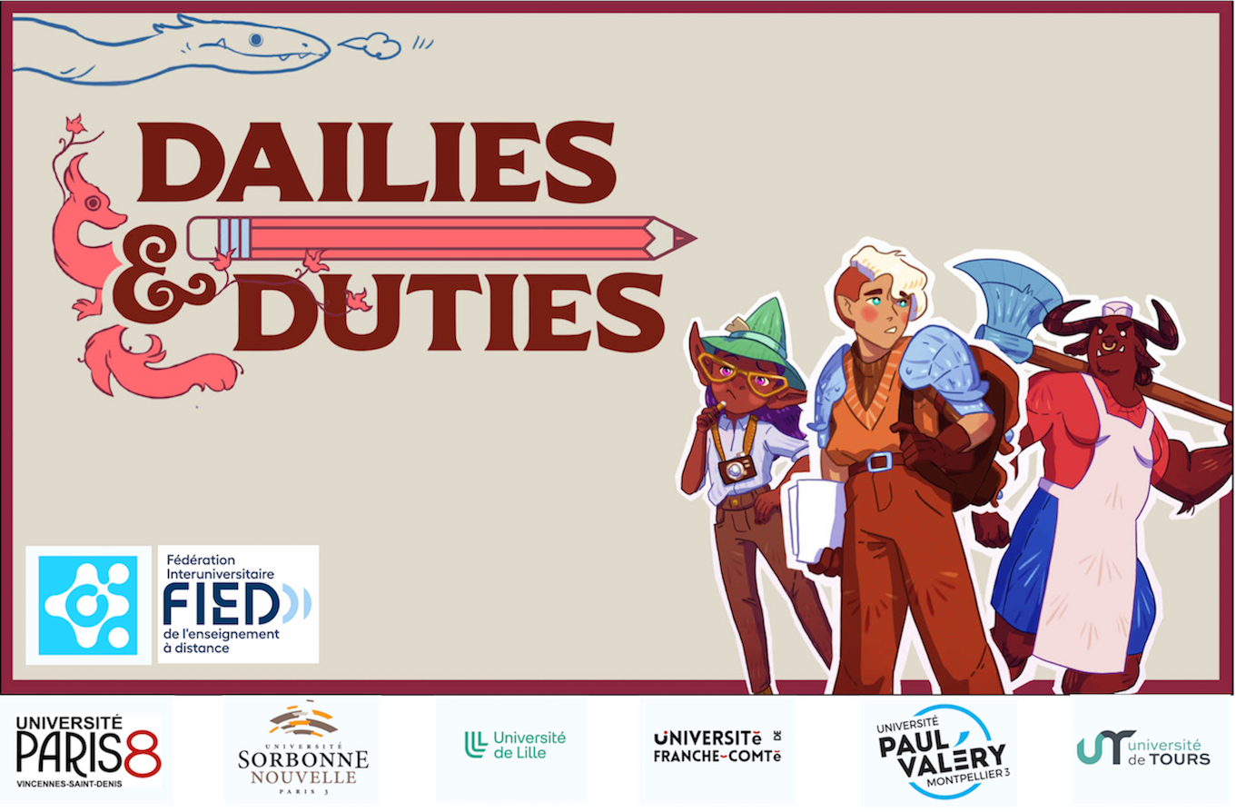 Titre : dailies and duties - 3 personnages sont à droite du titre.