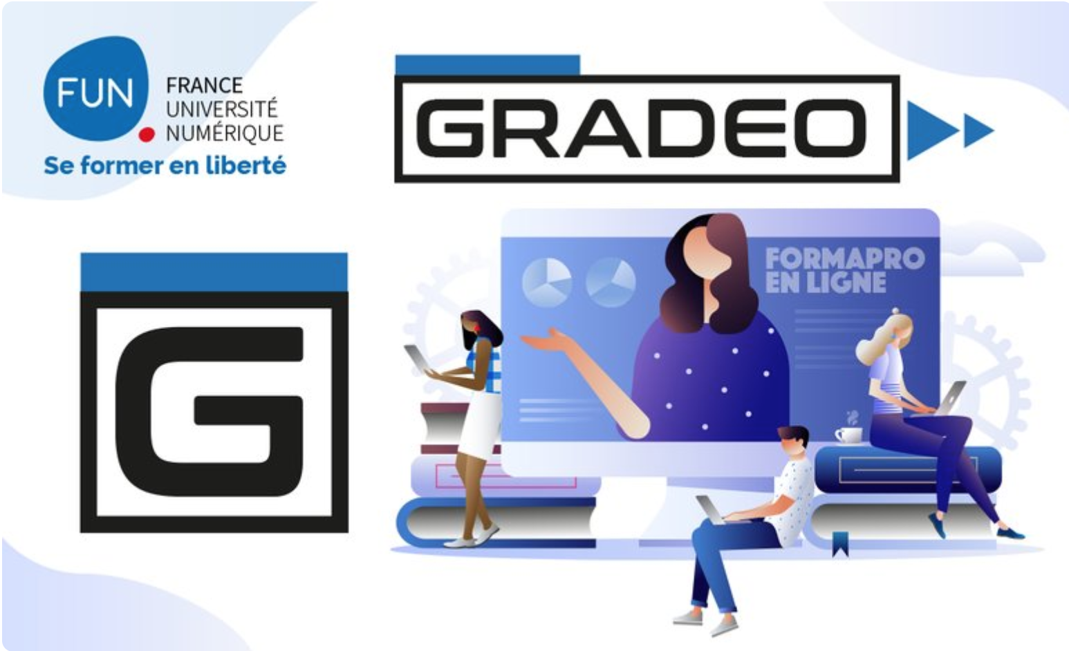 Texte : Gradeo France Université Numérique Image : des personnes assises avec des ordinateurs portables