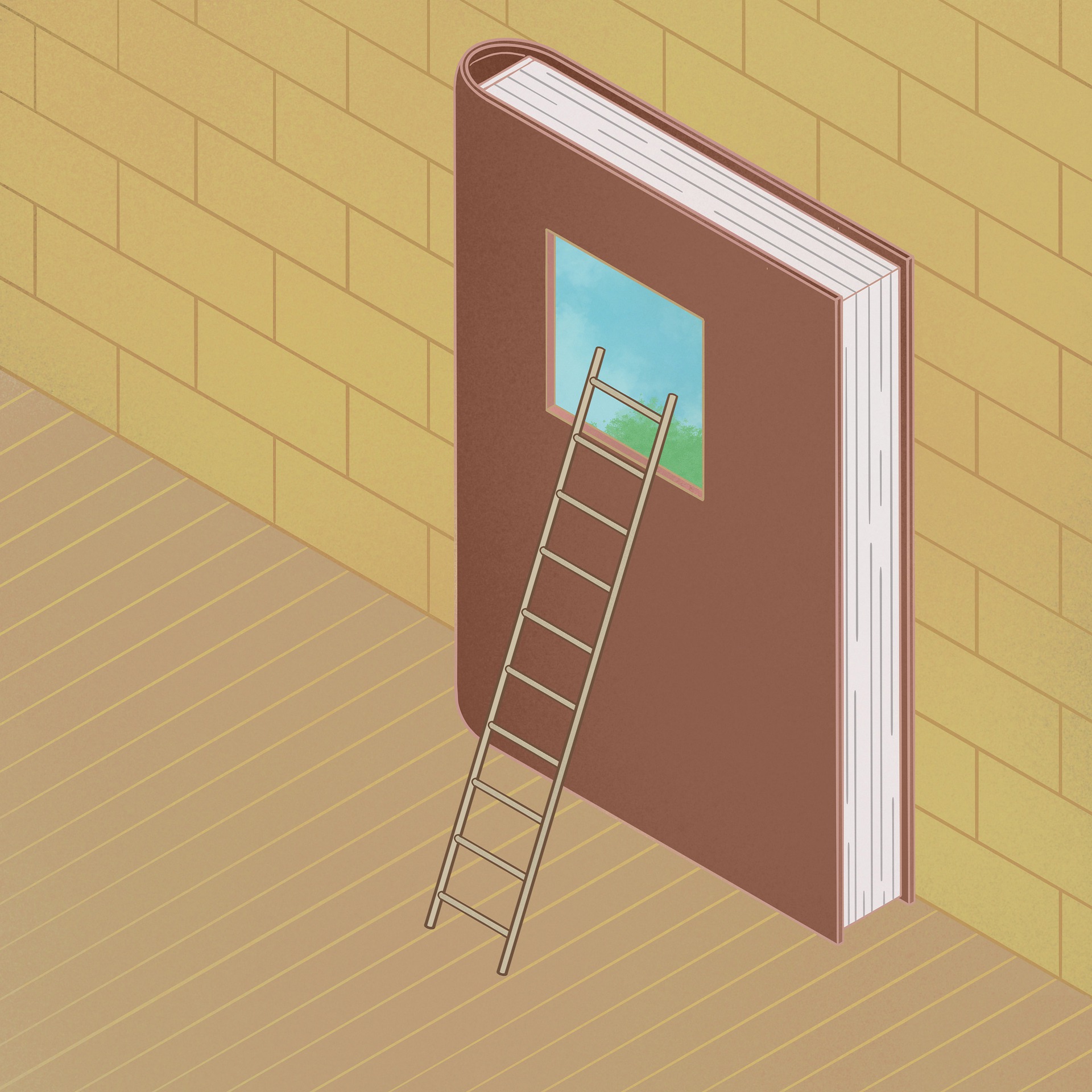 Mur de prison avec un libre géant et une échelle qui conduit à l'image sur la couverture du livre