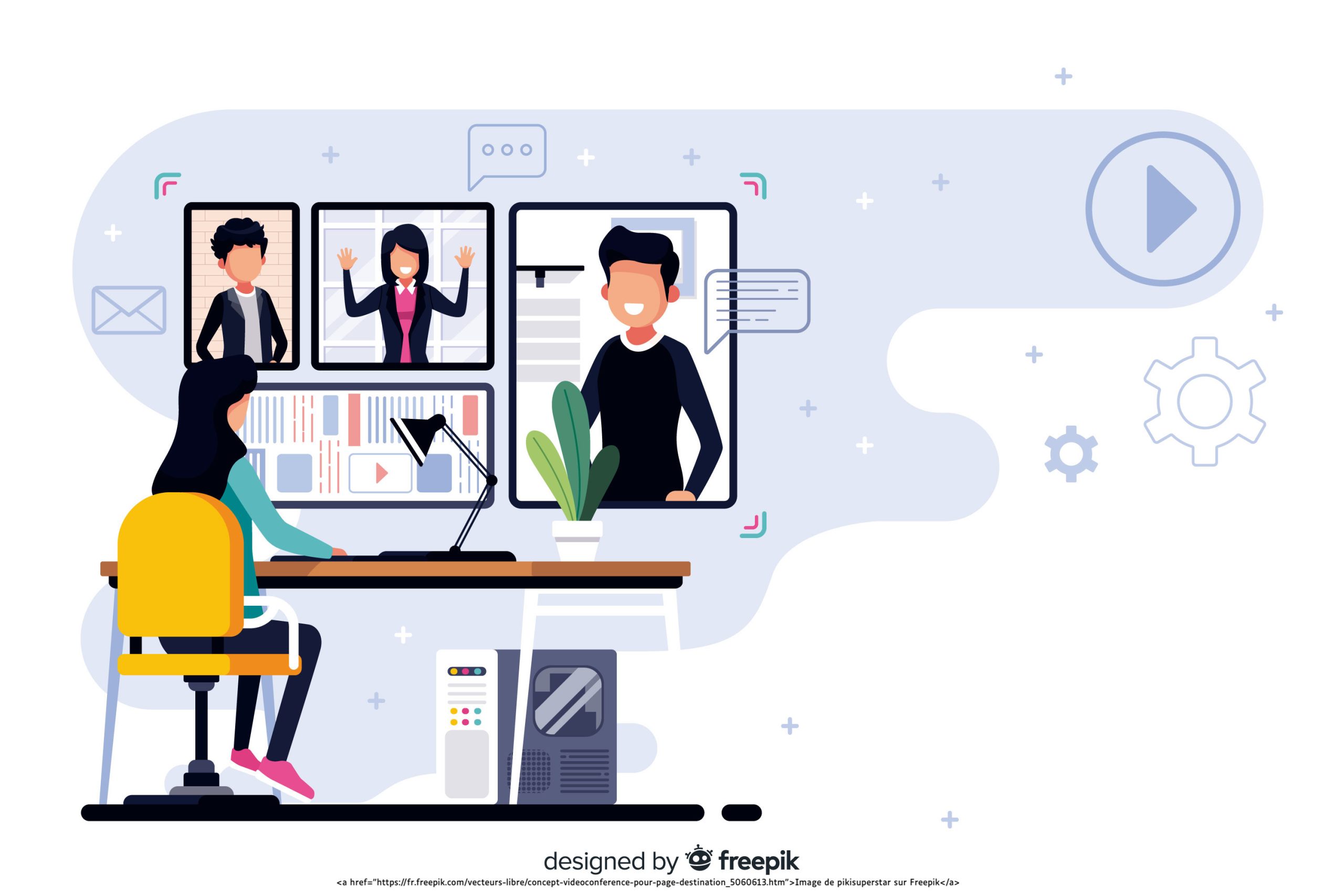 illustration : une enseignante est devant plusieurs écrans avec ses apprenants